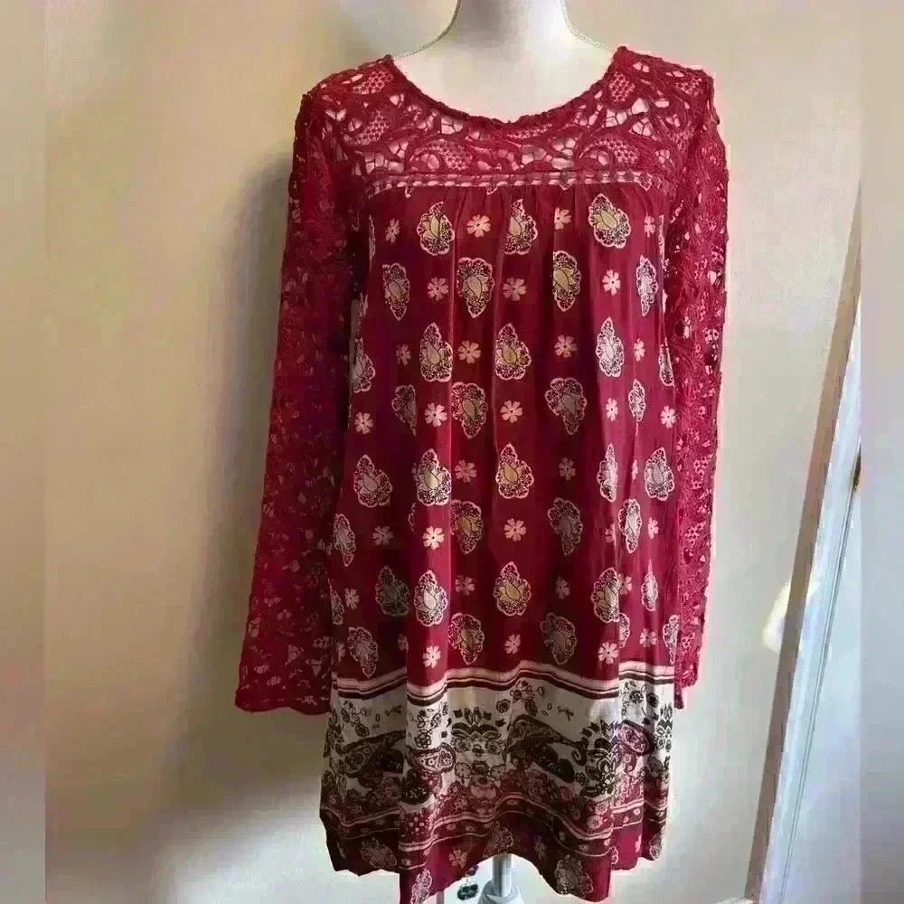 Blu Pepper Dark Pink Lace Floral Shirt Dress Medium